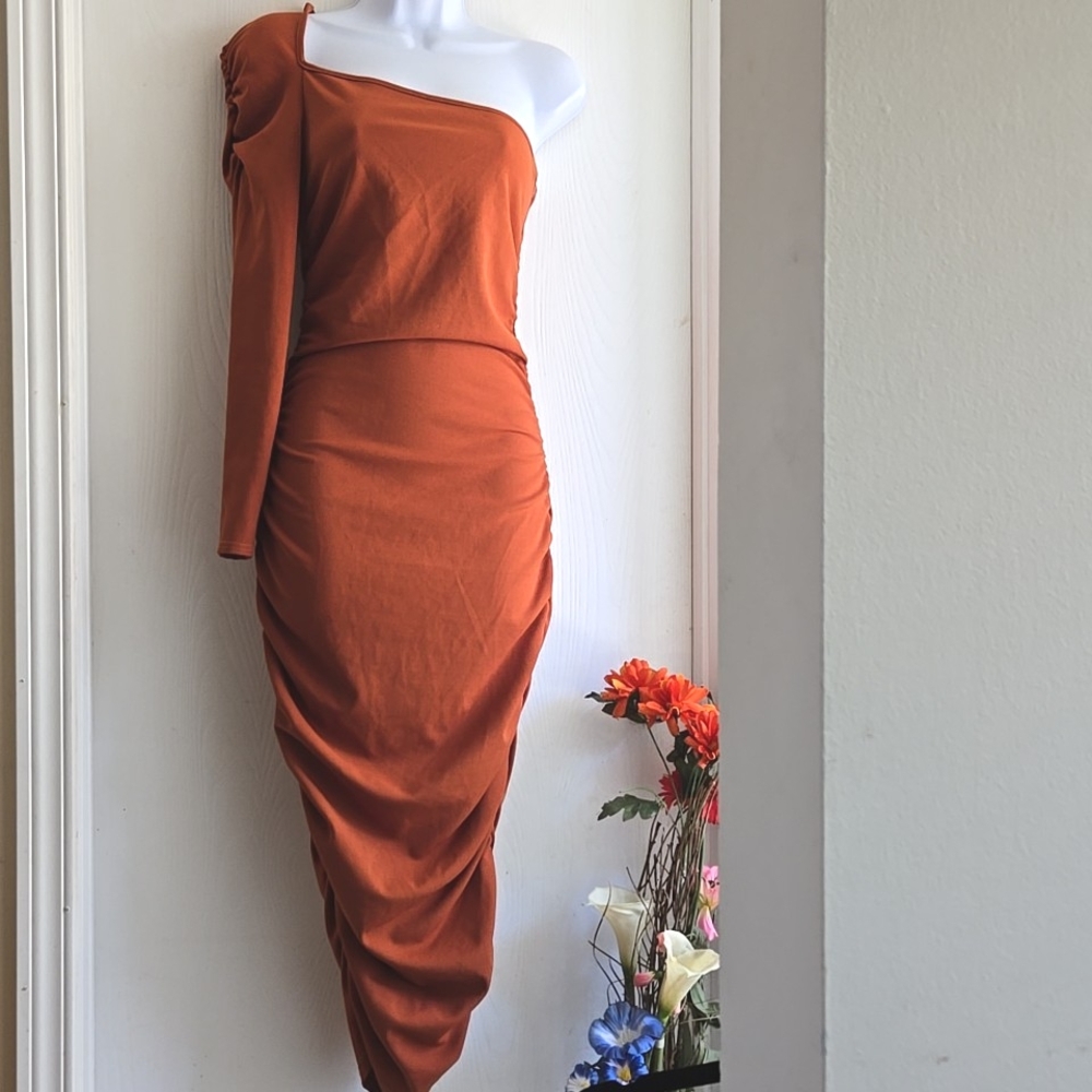 Pretty Little Thing | Rust Orange One Arm Bodycon Dress - Picture 3 of 11